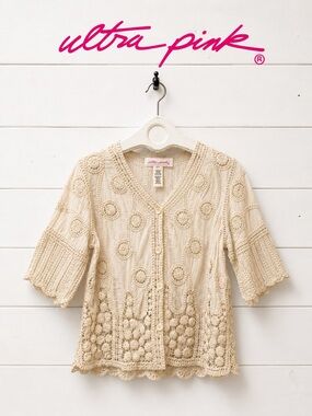 ULTRA PINK Cream Crochet Cotton Cardigan Size S/P
